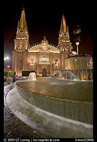 Fountain on Plazza de los Laureles and Cathedral by night. Guadalajara, Jalisco, Mexico