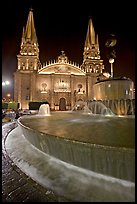 Fountain on Plazza de los Laureles and Cathedral by night. Guadalajara, Jalisco, Mexico (color)