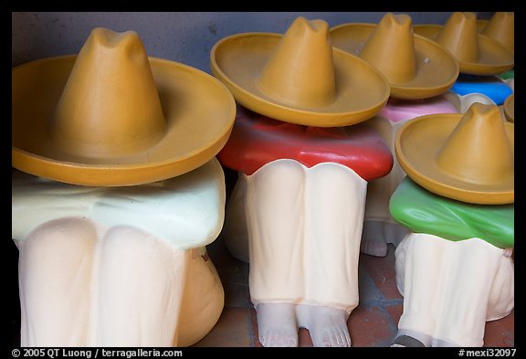 Ceramic statues of men with sombrero hats, Tlaquepaque. Jalisco, Mexico (color)