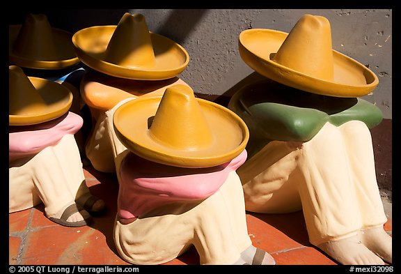 Ceramic statues of men with sombrero hats, Tlaquepaque. Jalisco, Mexico (color)