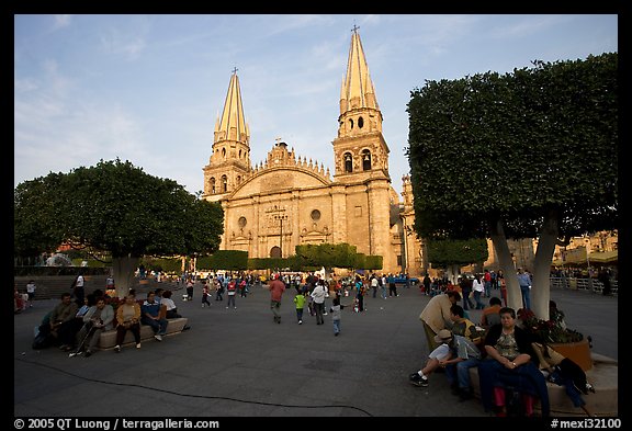 Plaza de los Laureles, planted with laurels, and Cathedral. Guadalajara, Jalisco, Mexico (color)