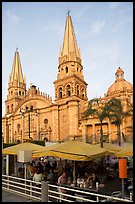 Restaurant and cathedral, late afternoon. Guadalajara, Jalisco, Mexico