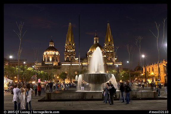 Plaza de la Liberacion with fountain and Cathedral by night. Guadalajara, Jalisco, Mexico