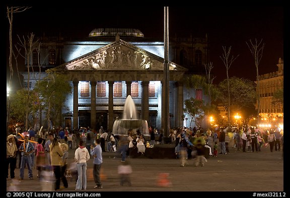 Plaza de la Liberacion with fountain and Teatro Degollado by night. Guadalajara, Jalisco, Mexico (color)