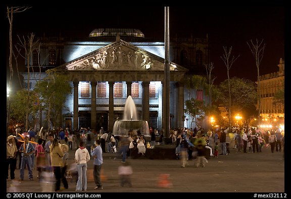 Plaza de la Liberacion with fountain and Teatro Degollado by night. Guadalajara, Jalisco, Mexico