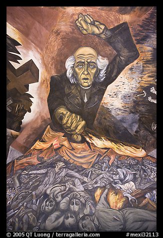 Portrait of Miguel Hidalgo painted by muralist Jose Clemente Orozco in the Government Palace. Guadalajara, Jalisco, Mexico