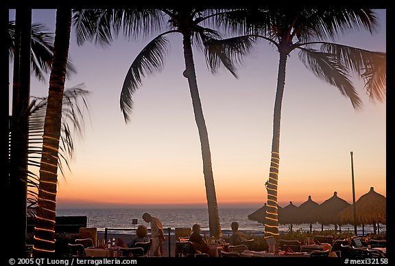 Outdoor dining under palm trees at sunset, Nuevo Vallarta, Nayarit. Jalisco, Mexico (color)