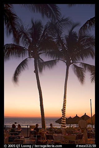 Outdoor restaurant with palm trees at sunset, Nuevo Vallarta, Nayarit. Jalisco, Mexico