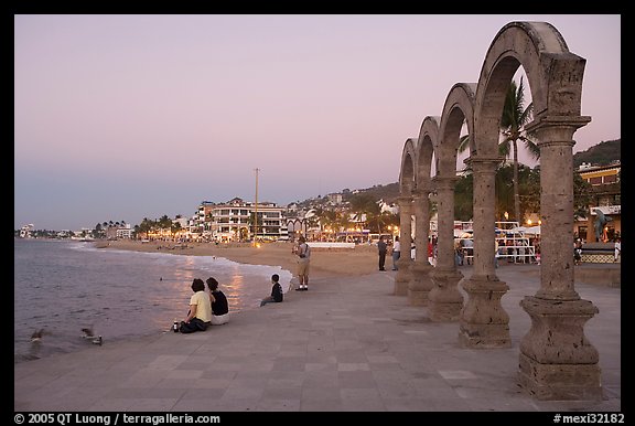 Arches on the Malecon at dusk, Puerto Vallarta, Jalisco. Jalisco, Mexico (color)