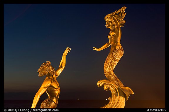Mermaid statue by night, Puerto Vallarta, Jalisco. Jalisco, Mexico