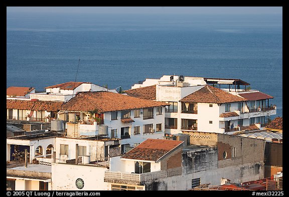 White adobe buildings with red tiled roofs, Puerto Vallarta, Jalisco. Jalisco, Mexico
