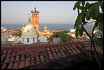 Red-tiled roof and Templo de Guadalupe Cathedral, early morning, Puerto Vallarta, Jalisco. Jalisco, Mexico (color)