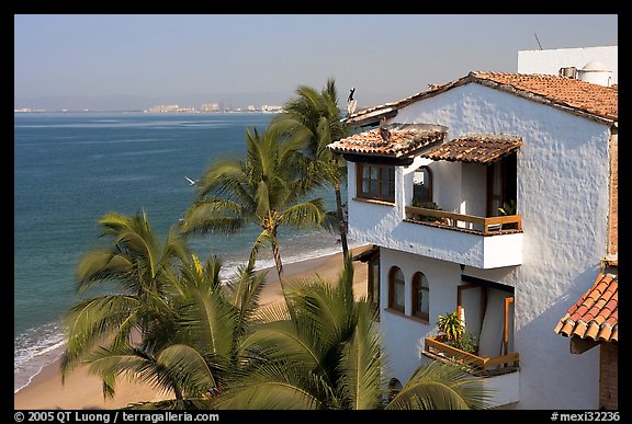 House, palm trees and ocean, Puerto Vallarta, Jalisco. Jalisco, Mexico (color)