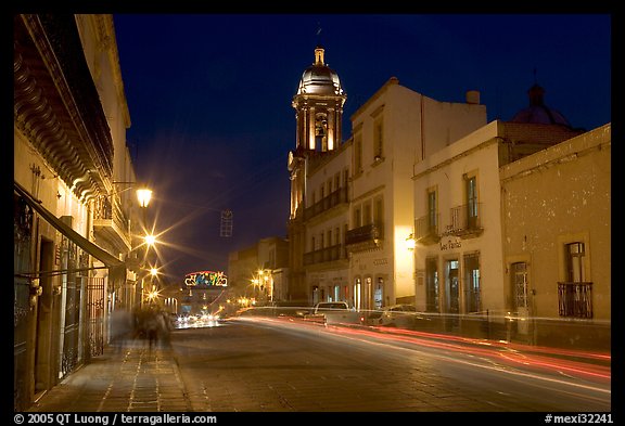 Street by night with light trails. Zacatecas, Mexico (color)