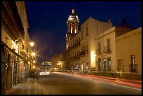 Street by night with light trails. Zacatecas, Mexico