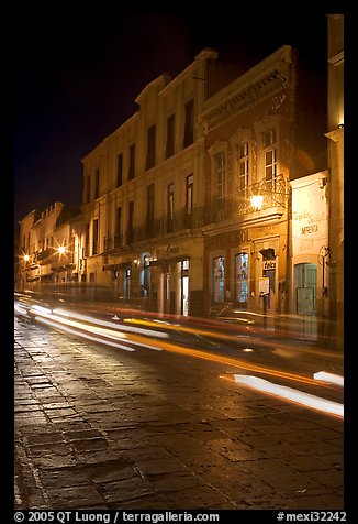 Street by night with light trails. Zacatecas, Mexico (color)