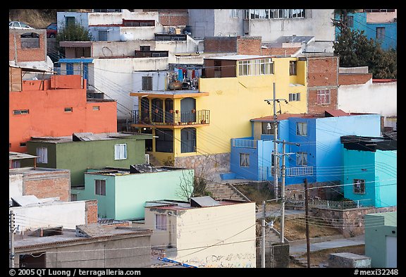 Vividly painted houses on hill. Zacatecas, Mexico (color)