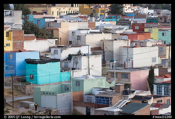 Neighborhood of houses painted in bright colors. Zacatecas, Mexico (color)