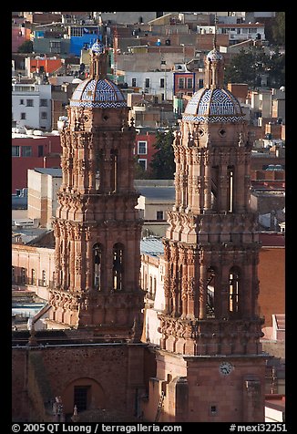 Twin towers of the Cathedral in Churrigueresque style. Zacatecas, Mexico (color)