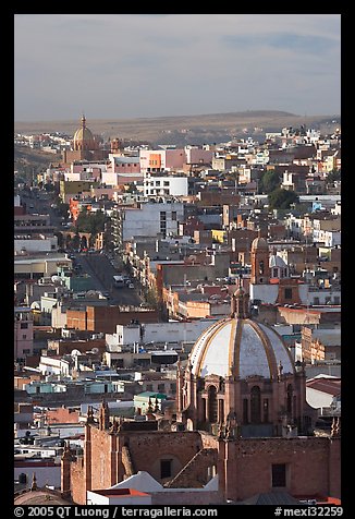 Dome of the Cathedral with Temple of Fatina in the background. Zacatecas, Mexico (color)