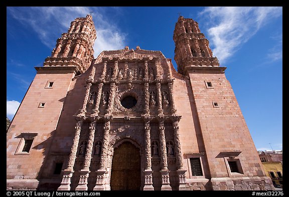 Facade of Cathdedral laced with Churrigueresque carvings, afternoon. Zacatecas, Mexico