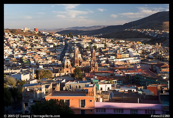 Panoramic view of town  from near the Teleferico, late afternoon. Zacatecas, Mexico