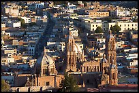 Cathedral and roofs seen from above, late afternoon. Zacatecas, Mexico