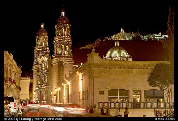 Gonzalez Ortega Market, Cerro de la Bufa, and Cathedral at night. Zacatecas, Mexico (color)