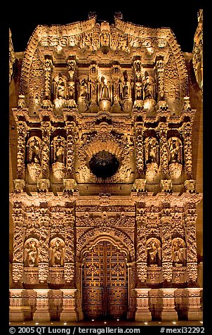 Illuminated churrigueresque carvings on the facade of the Cathdedral. Zacatecas, Mexico