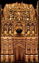 Illuminated churrigueresque carvings on the facade of the Cathdedral. Zacatecas, Mexico