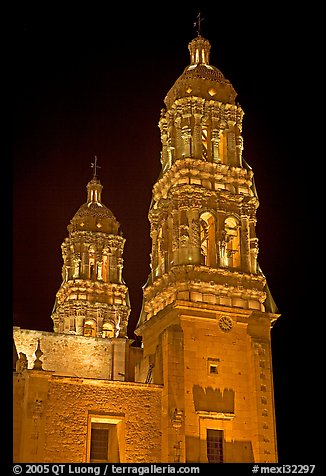 Churrigueresque towers of the Cathedral by night. Zacatecas, Mexico