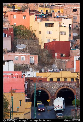 Houses on a hillside built above a tunnel. Guanajuato, Mexico (color)