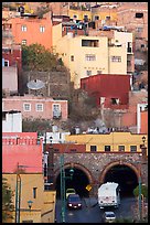 Houses on a hillside built above a tunnel. Guanajuato, Mexico