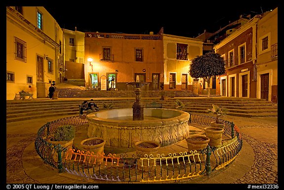 Fountain on Plazuela de los Angeles at night. Guanajuato, Mexico