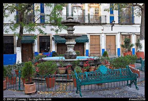 Fountain and public bench on Plazuela San Fernando. Guanajuato, Mexico (color)