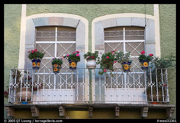 Balcony with potted flowers. Guanajuato, Mexico