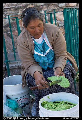 Woman peeling cactus. Guanajuato, Mexico (color)