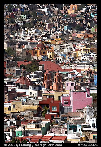 View of the city center with churches and roofs, mid-day. Guanajuato, Mexico (color)