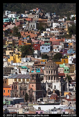 City center from above  with dome of Templo de la Compania de Jesus. Guanajuato, Mexico (color)