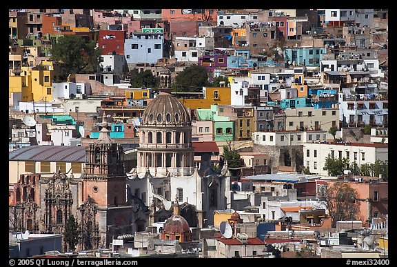 City center from above  with dome of Templo de la Compania de Jesus. Guanajuato, Mexico (color)