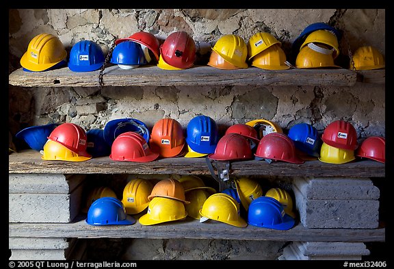 Hard hats used for descending into La Valenciana mine. Guanajuato, Mexico