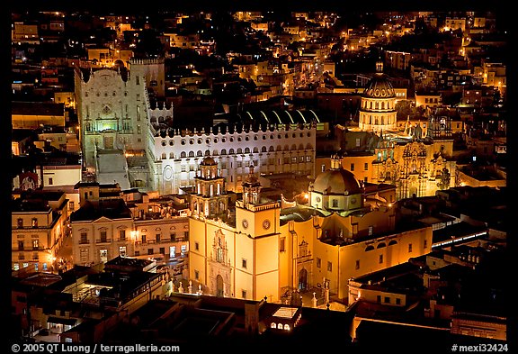 Basilic and University seen from above at night. Guanajuato, Mexico (color)