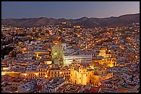 Panoramic view of the historic town with illuminated monuments. Guanajuato, Mexico