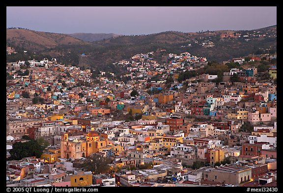 Panoramic view of the historic town and surrounding hills at dawn. Guanajuato, Mexico