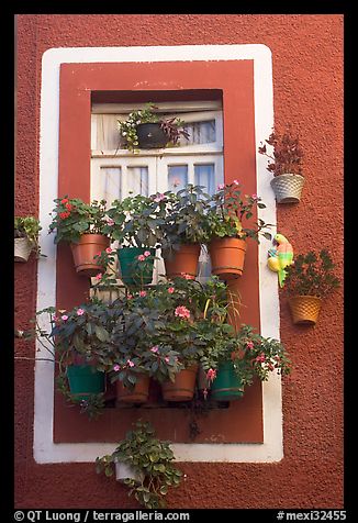 Window decorated with many potted flowers. Guanajuato, Mexico (color)