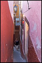 Looking down Callejon del Beso, the narrowest of the alleyways. Guanajuato, Mexico