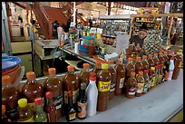 Chili bottles at a booth in Mercado Hidalgo. Guanajuato, Mexico (color)