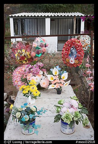 Multicolored flowers on a grave. Mexico (color)