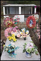 Multicolored flowers on a grave. Mexico