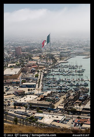 Harbor and giant Mexican flag from above, Ensenada. Baja California, Mexico (color)